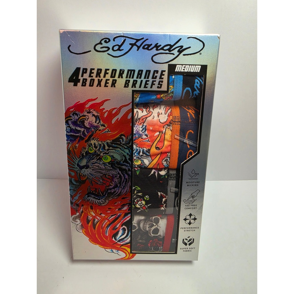 Ed Hardy Mens 4 Pack Performance Boxer Briefs Tattoo Print Skulls Tiger Medium